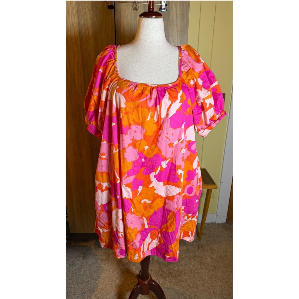 514. Boho Free Assembly Pink Orange Floral Puff Sleeve Mini Dress XL - Picture 2 of 6